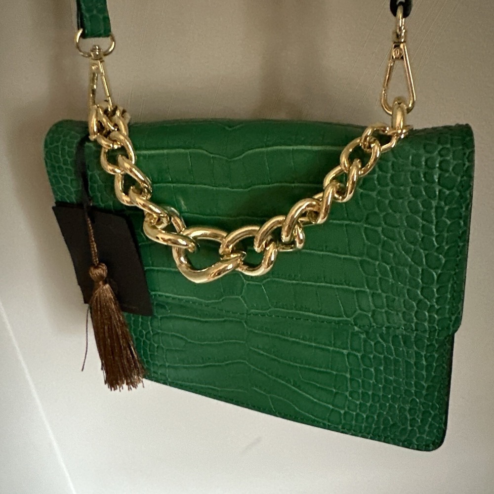 House Of Harlow 1960 Croc Embossed Leather Crossbody Bag Green Made In Italy NEW - Picture 3 of 5